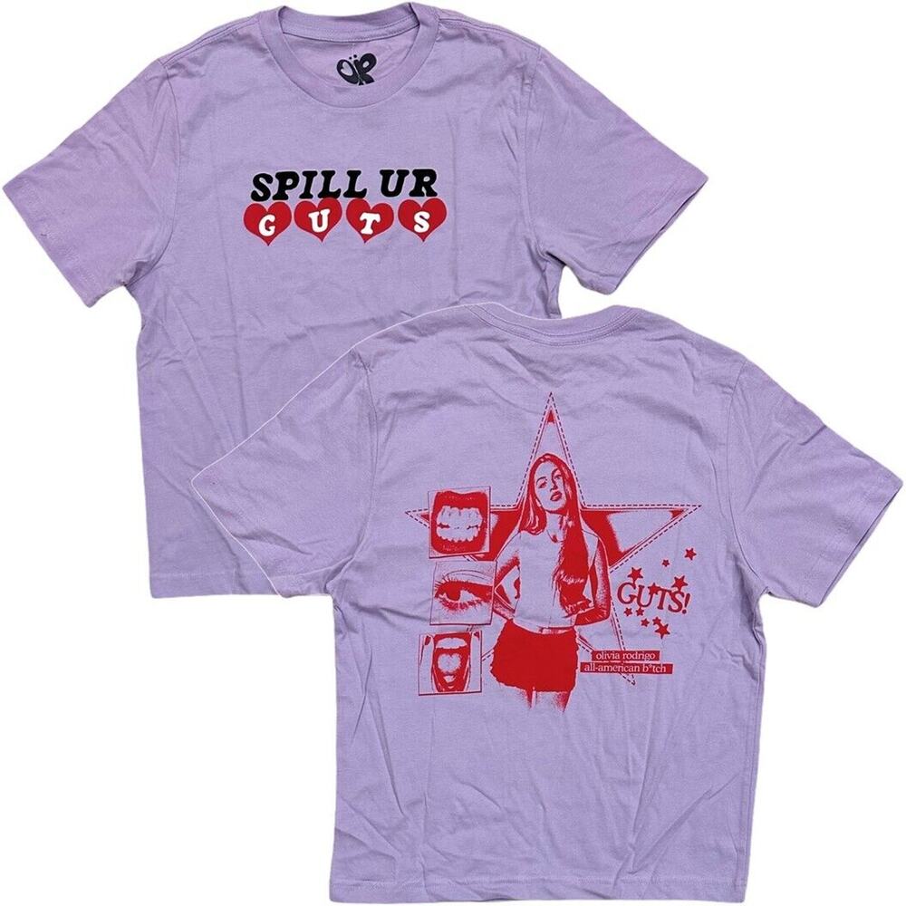 Olivia Rodrigo Women's T-Shirt Spill Ur Guts Official Merch Tee Top in Lavender - Picture 1 of 3